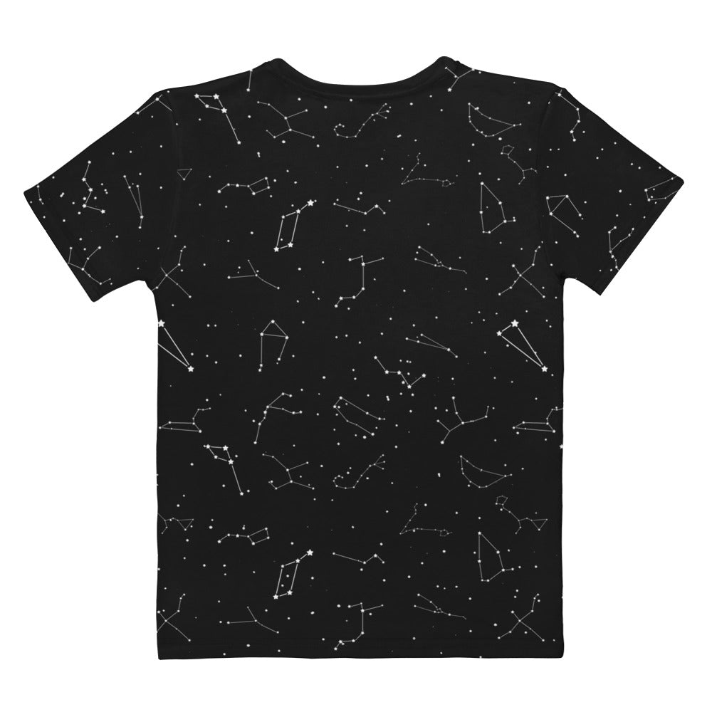 Black women’s short-sleeved t-shirt with white realistic constellation pattern in soft stretch jersey fabric