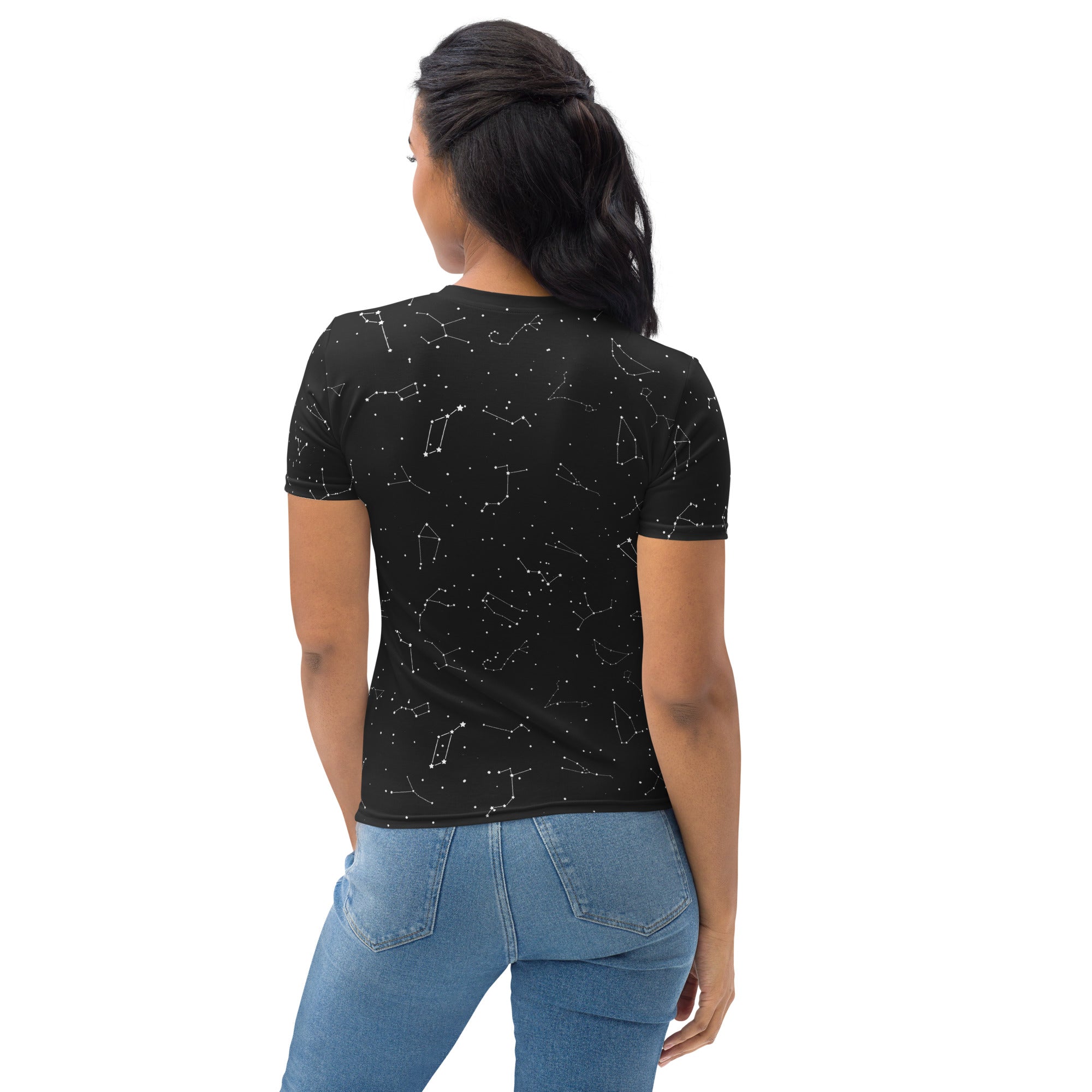 Black women’s short-sleeved t-shirt with white realistic constellation print made of soft stretch jersey fabric