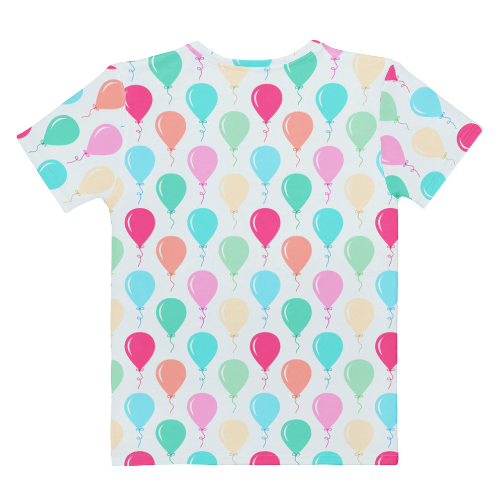 White women’s short-sleeved t-shirt with colorful birthday balloon print in soft stretch jersey material