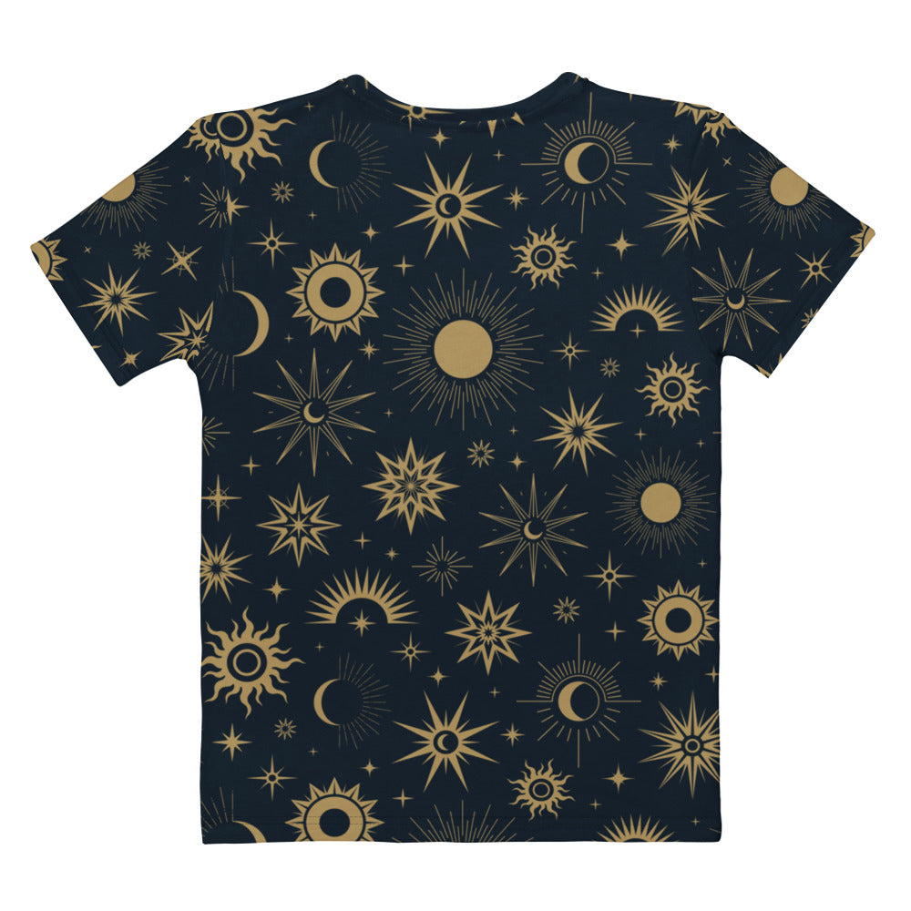 Dark blue women’s celestial sun and moon short-sleeved t-shirt with gold symbols in soft stretch jersey material