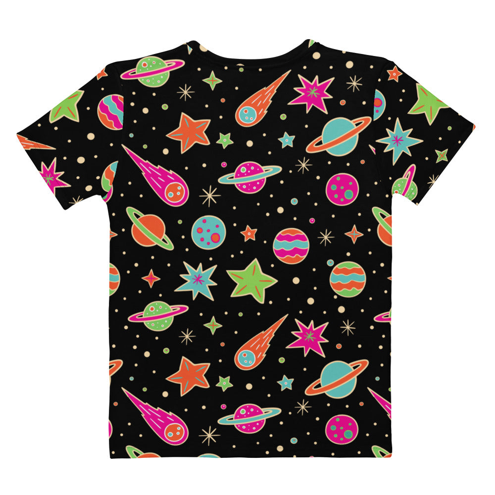 Women’s retro space print black short-sleeved t-shirt with vibrant neon planet and star print in soft stretch jersey