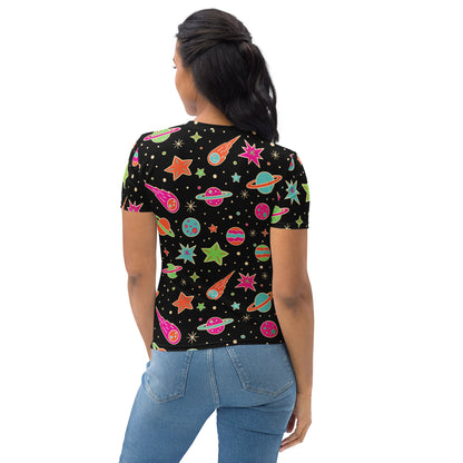 Women's Retro Space Print T-Shirt – Soft Stretch Jersey Tee