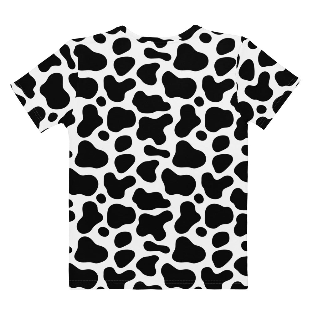 Women’s black and white cow print short-sleeved t-shirt made from soft stretch jersey fabric