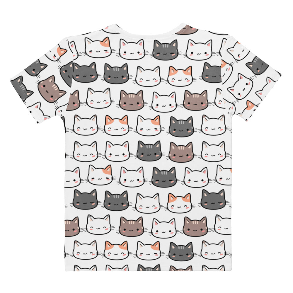 Women’s cute cat t-shirt white short-sleeved soft stretch jersey tee with playful multicolor cartoon cat face print