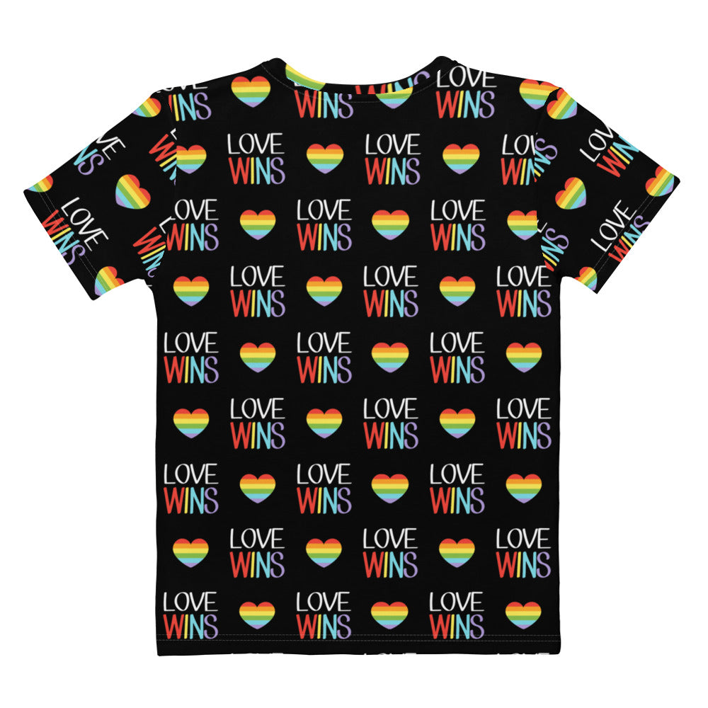 Black women’s love wins pride t-shirt with rainbow hearts and multicolored text made of soft stretch jersey fabric