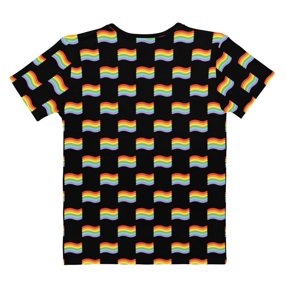 Black women’s pride flag t-shirt with wavy rainbow flag pattern made of soft stretch jersey fabric