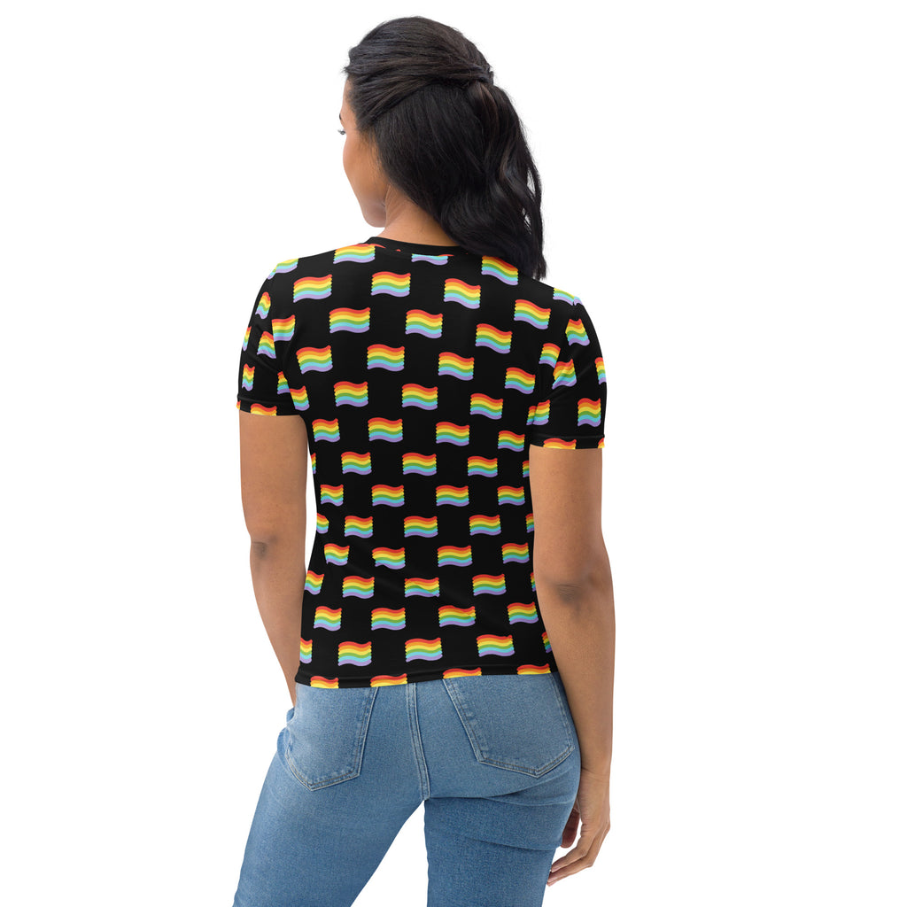 Black women’s pride flag t-shirt with repeating rainbow flag pattern made of soft stretch jersey fabric