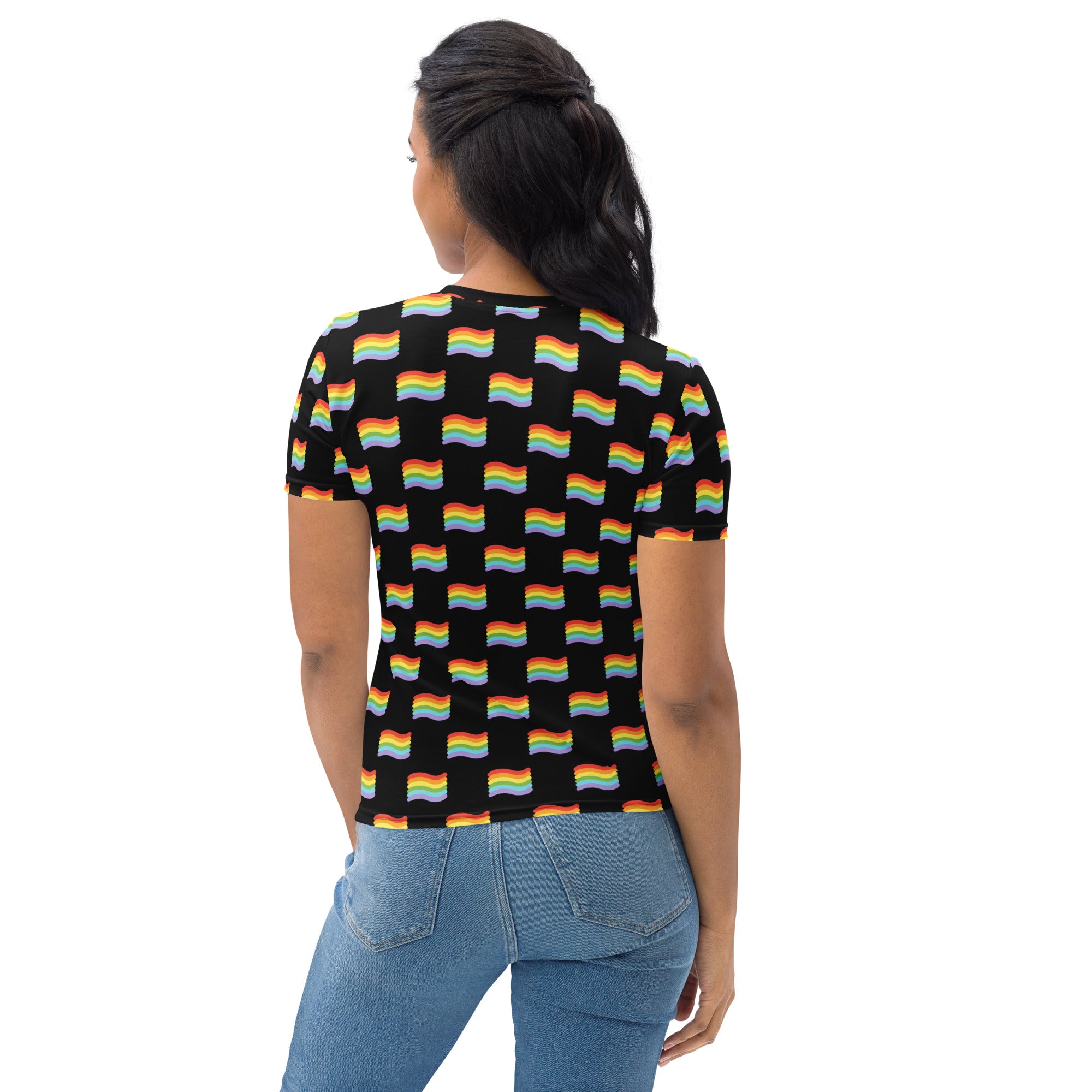 Black women’s pride flag t-shirt with repeating rainbow flag pattern made of soft stretch jersey fabric