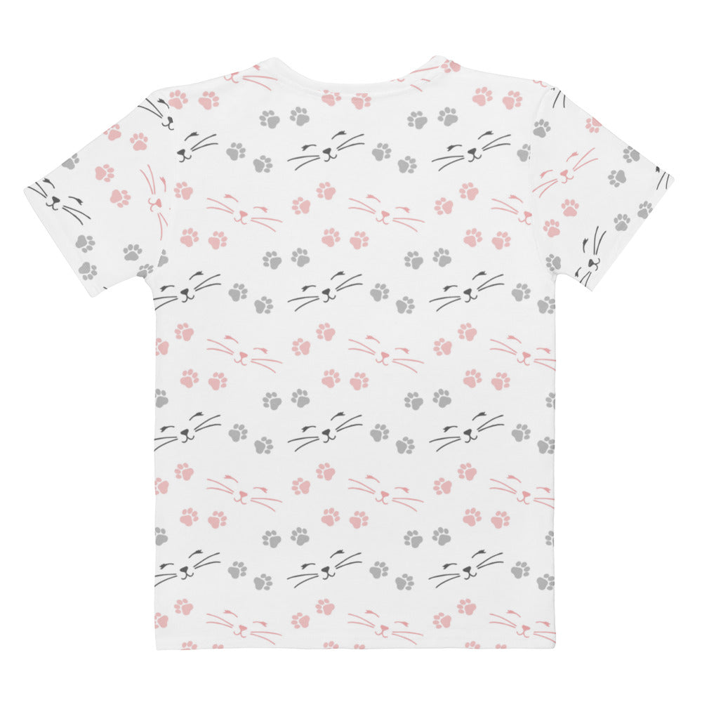 White short-sleeved women’s t-shirt with pink and gray cat faces and paw prints in soft stretch jersey fabric