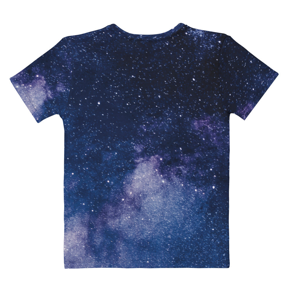 A navy blue women’s short-sleeved t-shirt with a detailed galaxy print in soft stretch jersey material