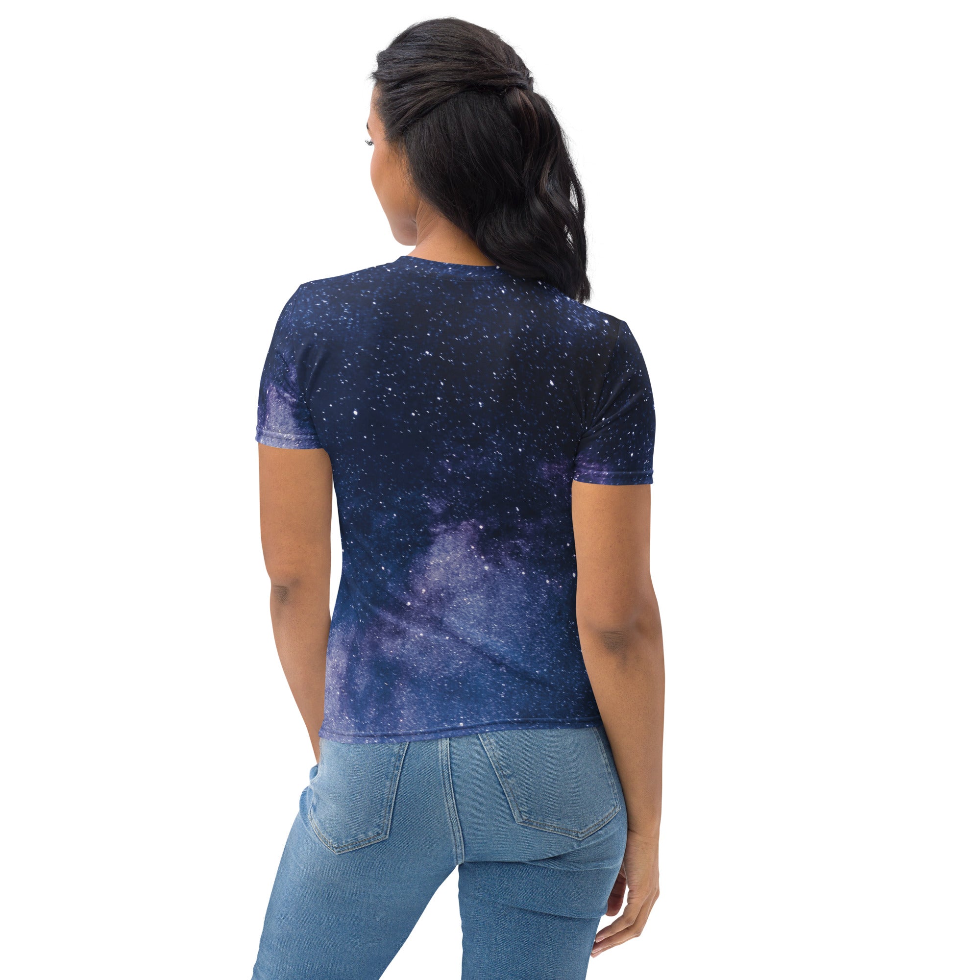A navy blue women’s short-sleeved t-shirt with a realistic galaxy print made from soft stretch jersey fabric