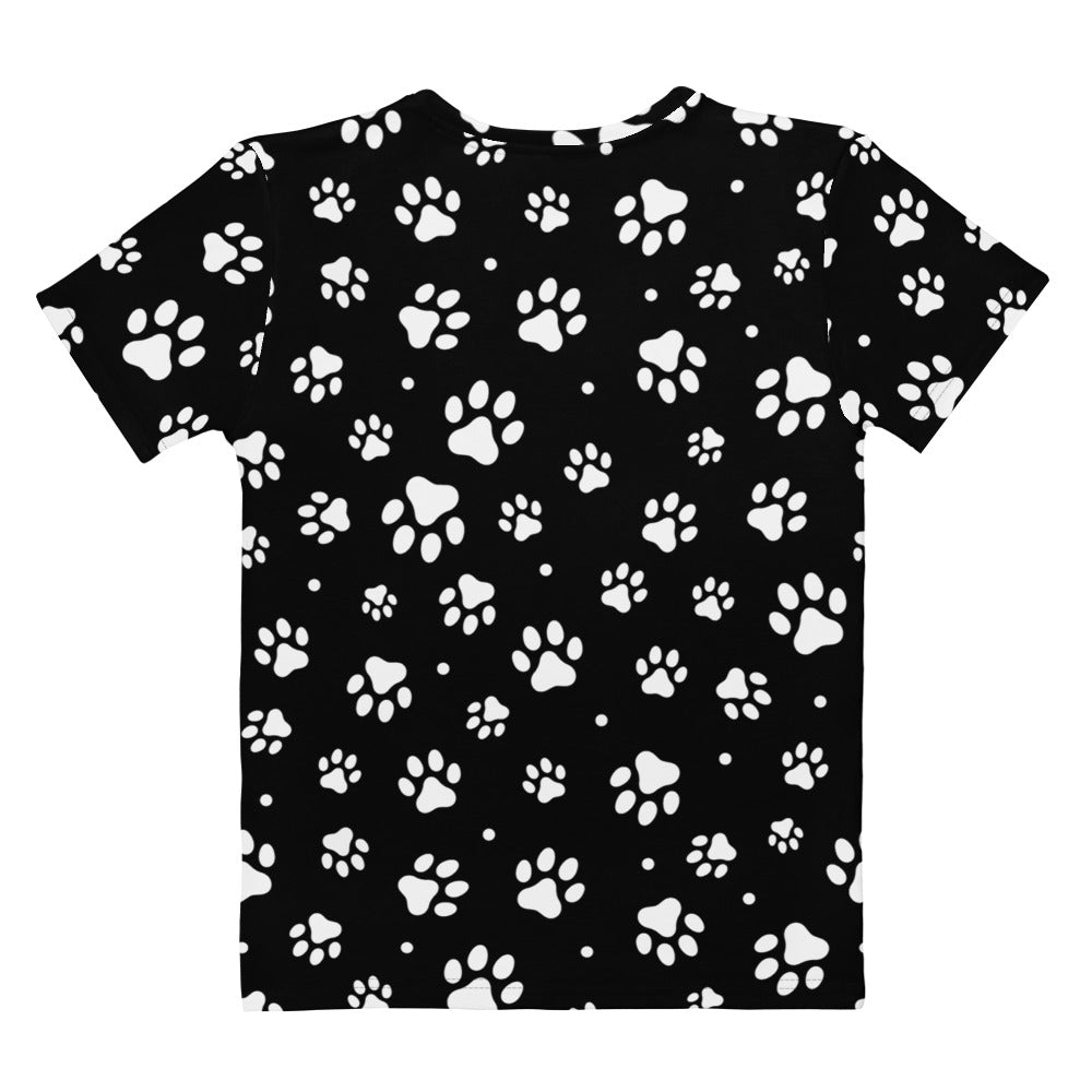Women’s black paw print t-shirt with short sleeves and playful white paw print pattern in soft stretch jersey fabric