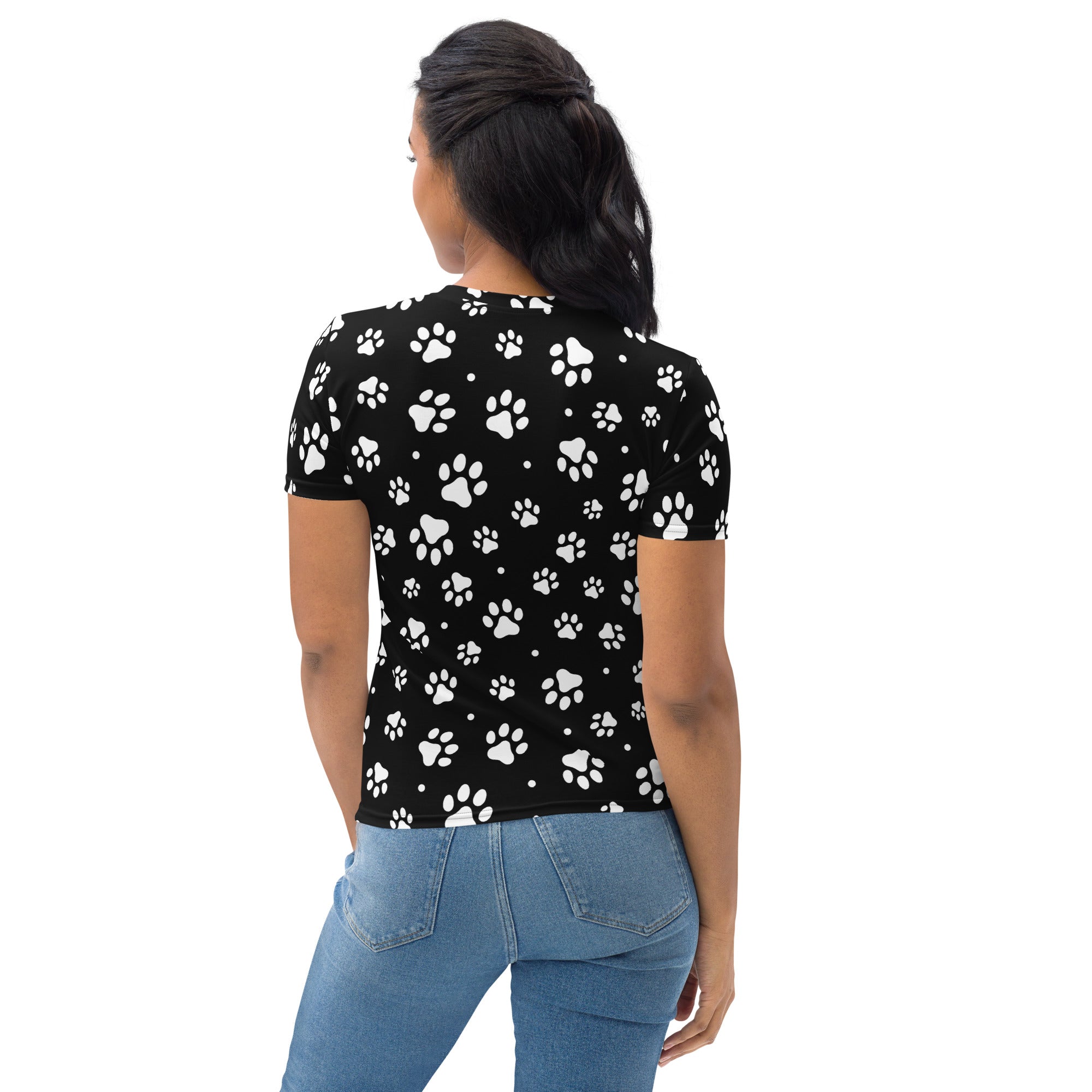 Women’s black short-sleeved t-shirt with white paw print pattern made from soft stretch jersey fabric