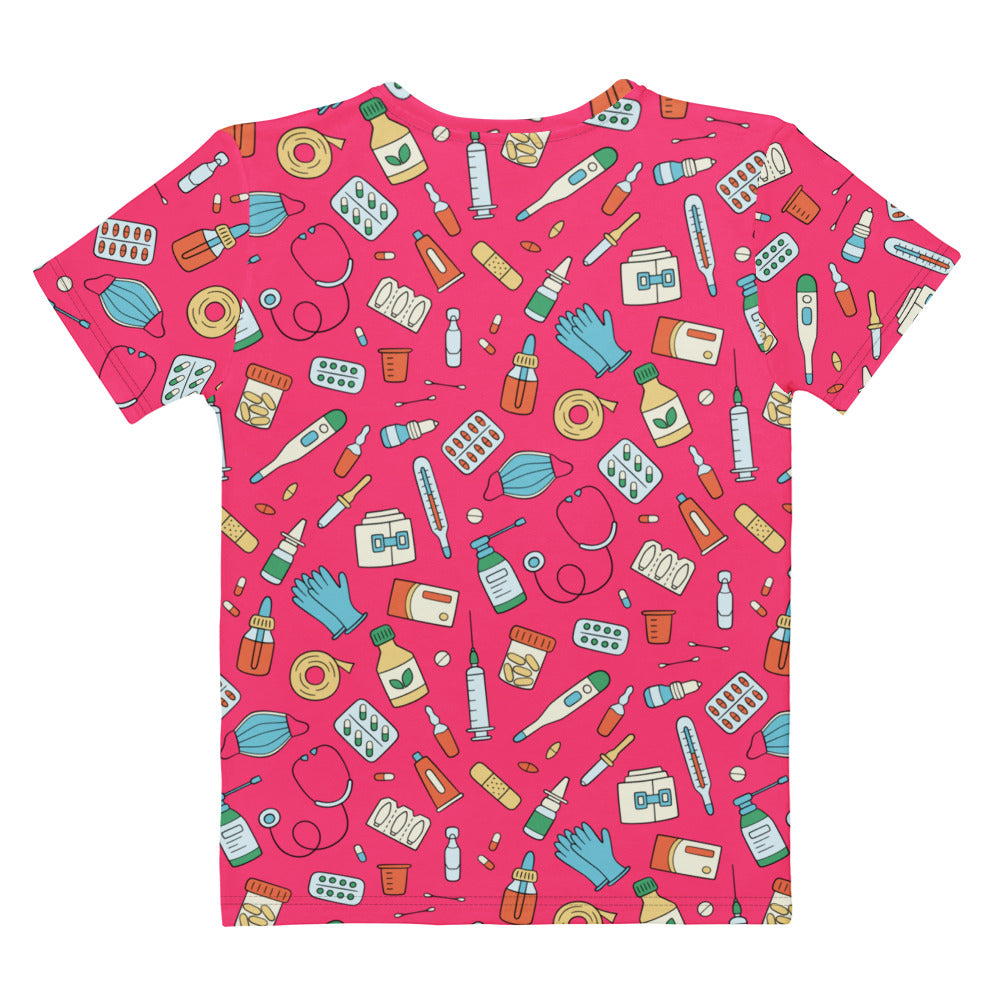 Women’s pink nurse themed t-shirt featuring a playful all-over cartoon medical supplies print in soft stretch jersey