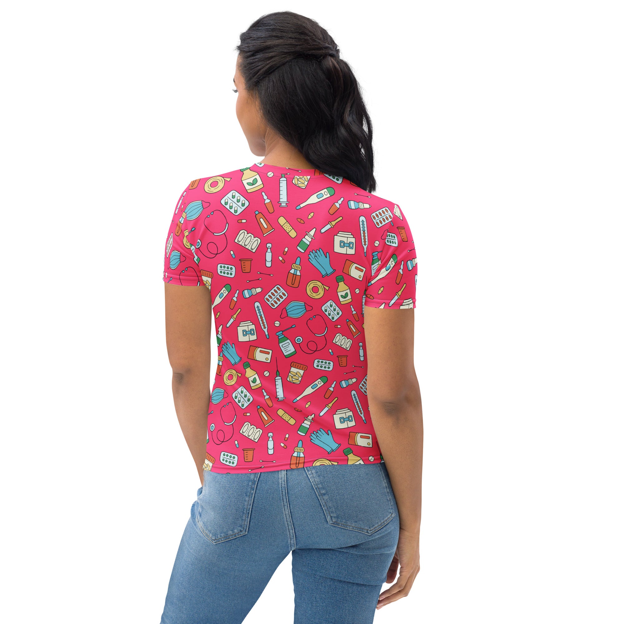 Women’s pink nurse themed t-shirt with playful colorful medical icons made from soft stretch jersey fabric