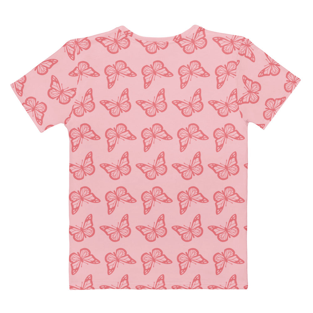 Women’s light pink butterfly t-shirt with red outlined butterfly pattern made of soft stretch jersey fabric