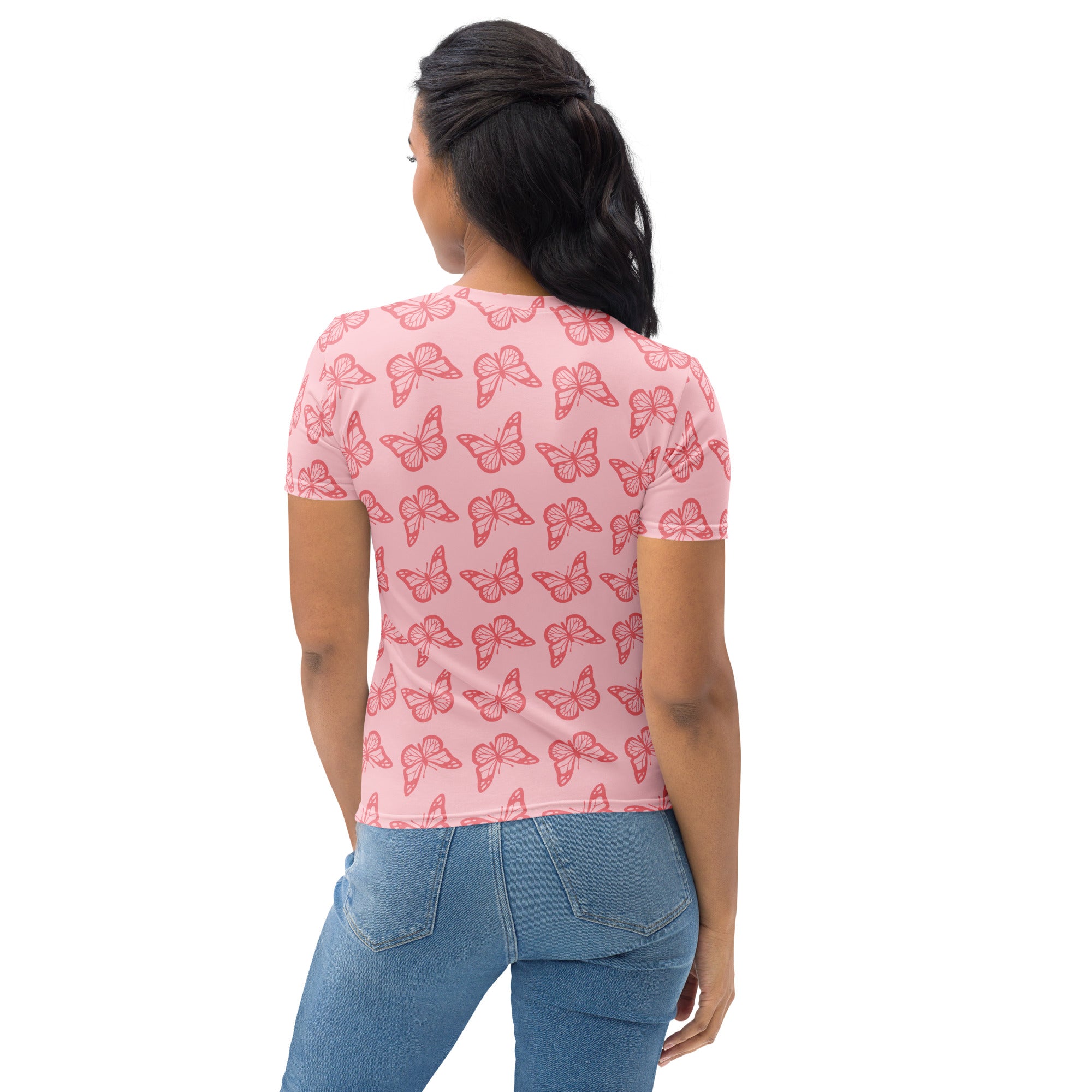 Women’s light pink butterfly t shirt with red butterfly pattern made of soft stretch jersey fabric