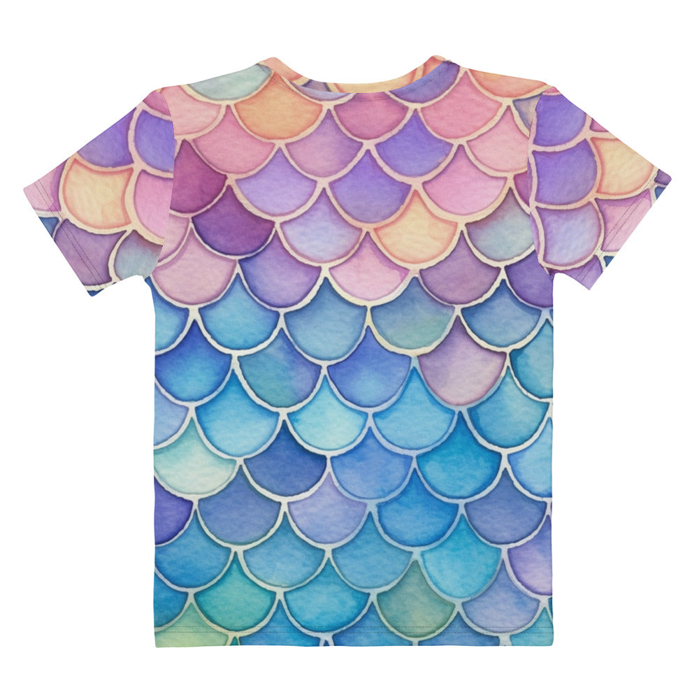 Women’s mermaid scales t-shirt with vibrant watercolor mermaid scale pattern in soft stretch jersey fabric