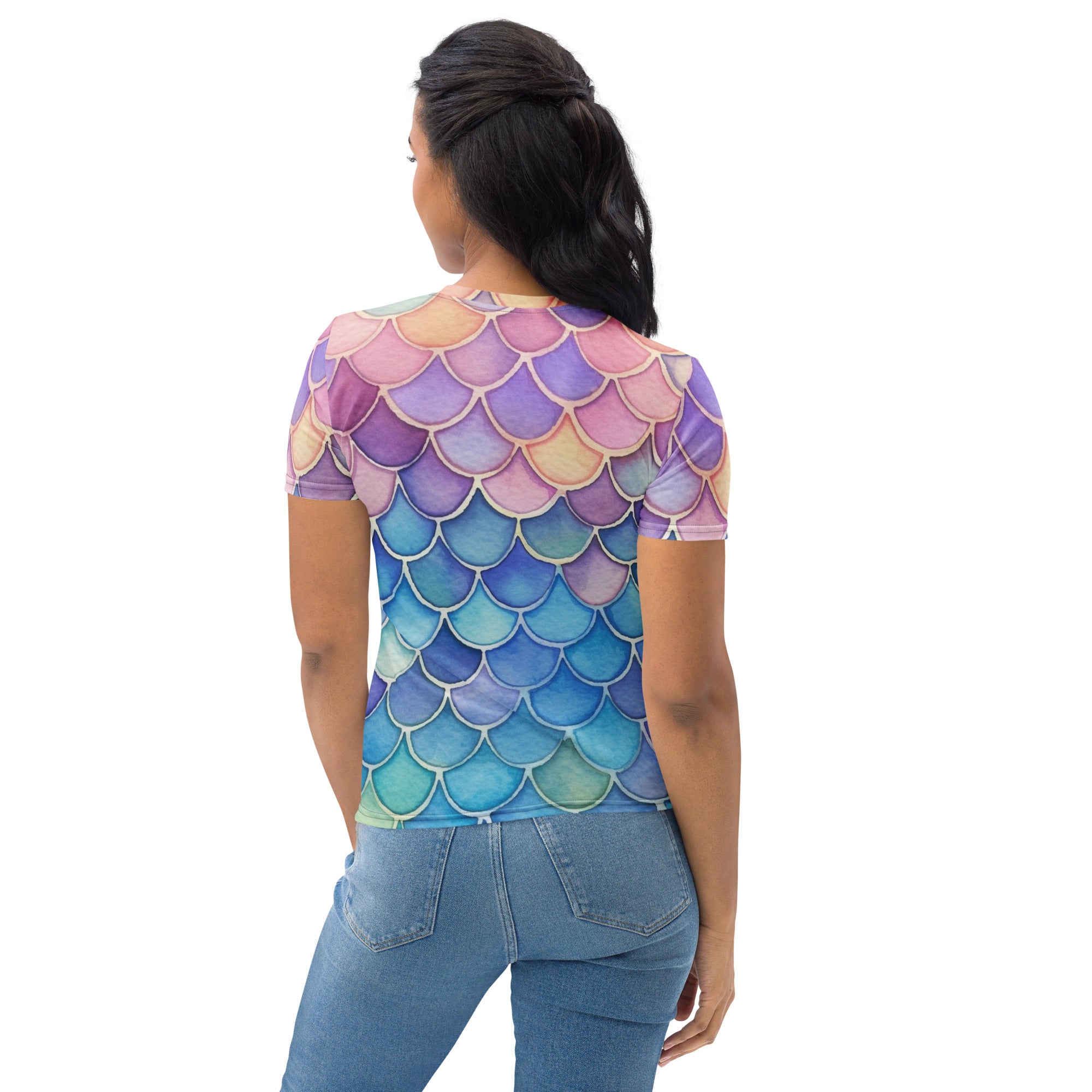 Women’s mermaid scales t-shirt with vibrant pastel gradient in pink purple blue green made of soft stretch jersey
