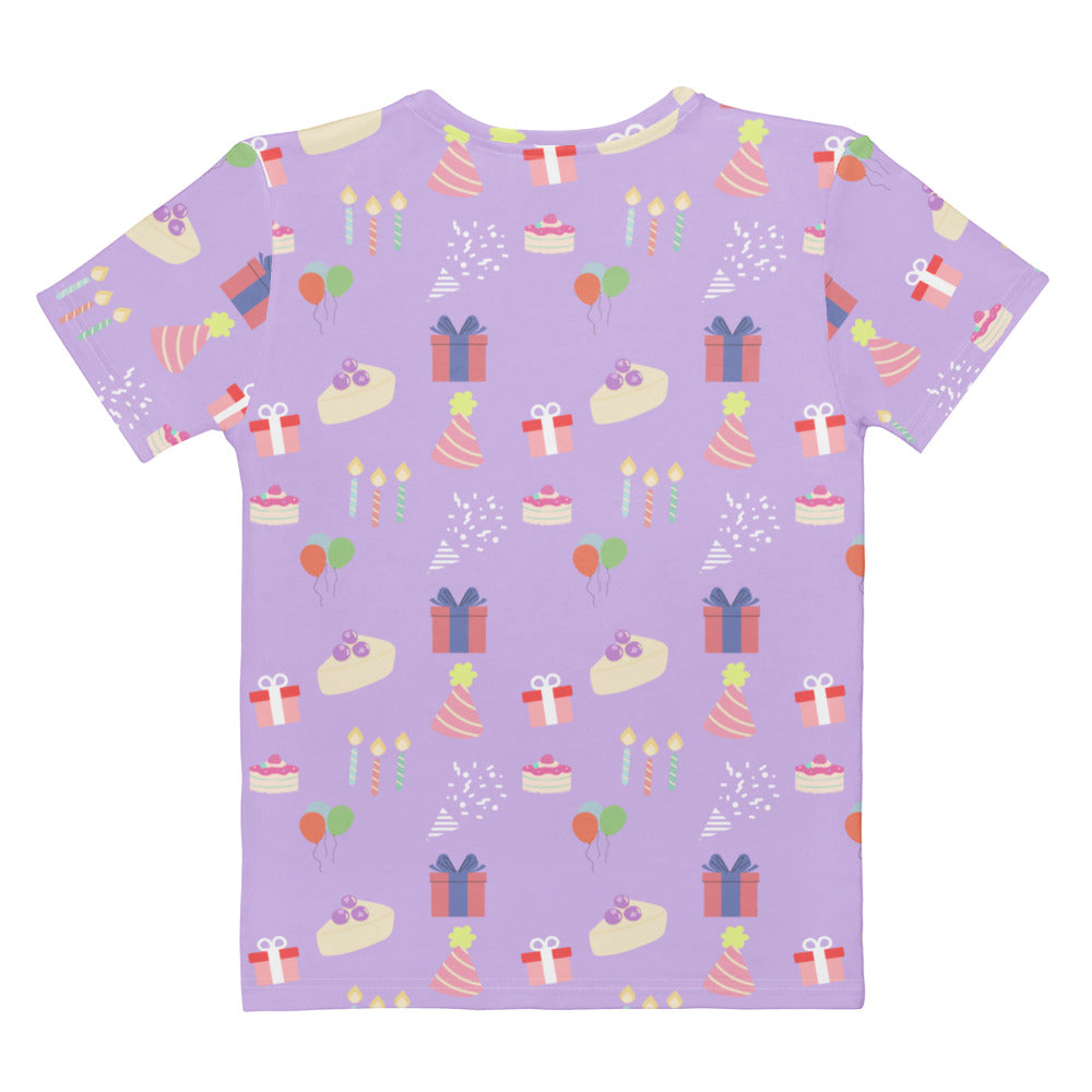 Women’s purple birthday party t-shirt lavender short-sleeved soft stretch jersey with pastel birthday print