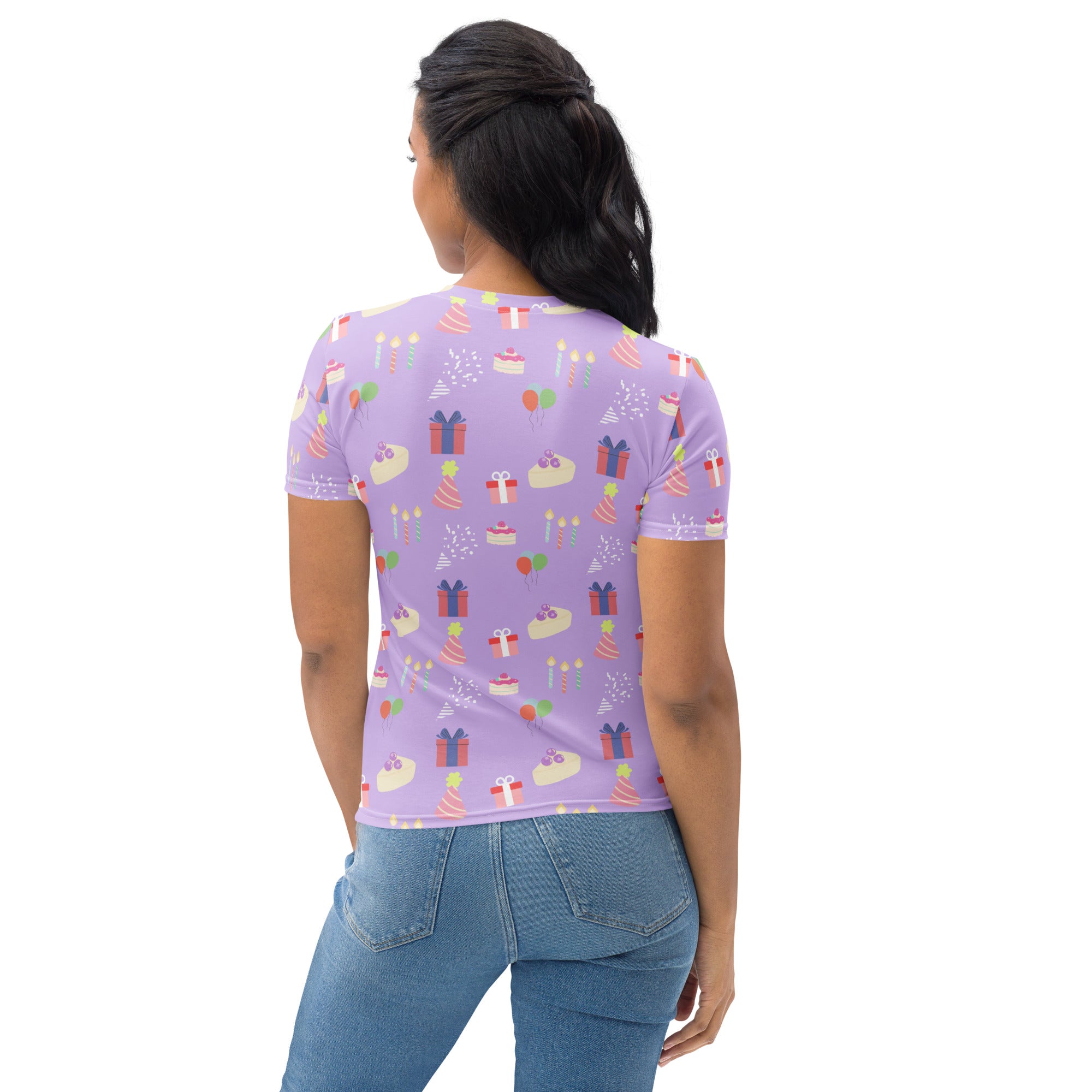 Women’s purple birthday party t-shirt in soft stretch jersey with playful cakes presents candles and balloons pattern