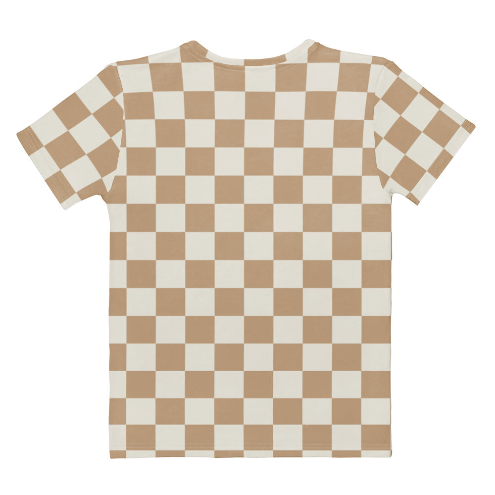 Women’s tan checkerboard t-shirt in soft stretch jersey with short sleeves and a beige off-white checkered pattern