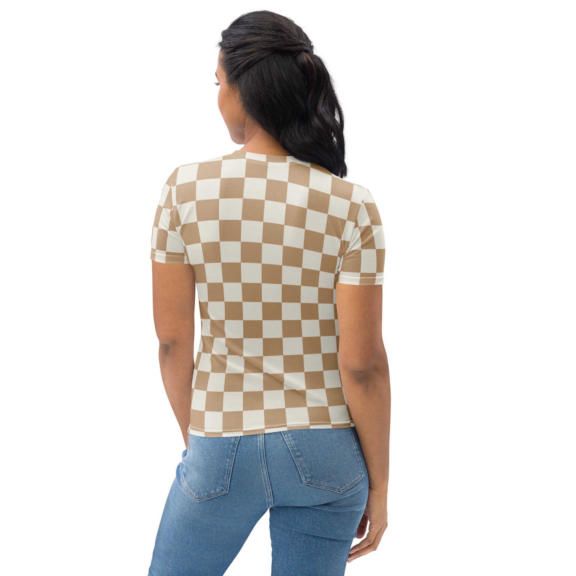 A beige and white checkered short-sleeved womens tan checkerboard t shirt in soft stretch jersey fabric