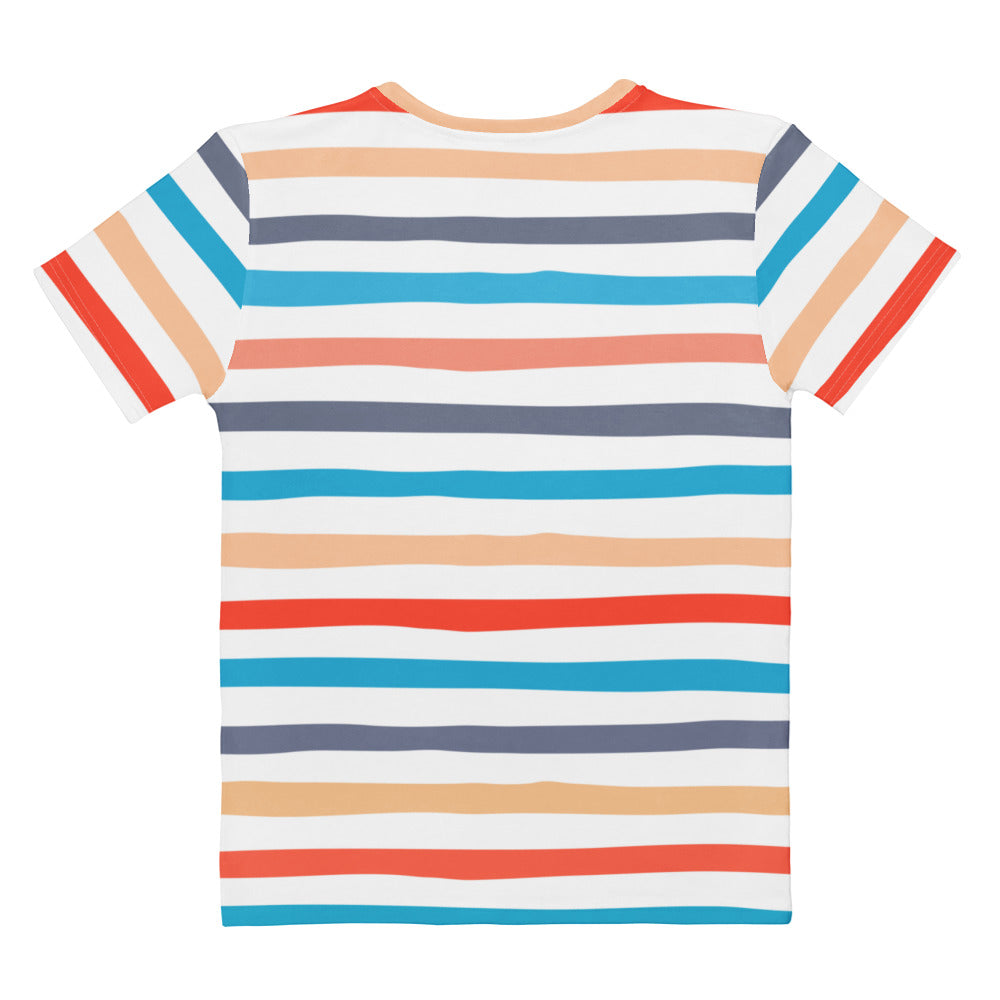 Women’s retro striped t-shirt with soft stretch jersey fabric and vibrant multicolored horizontal stripes in white coral teal and gray