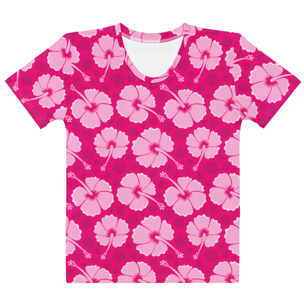 A vibrant pink women’s short-sleeved hibiscus floral t-shirt in soft stretch jersey with subtle polka dots