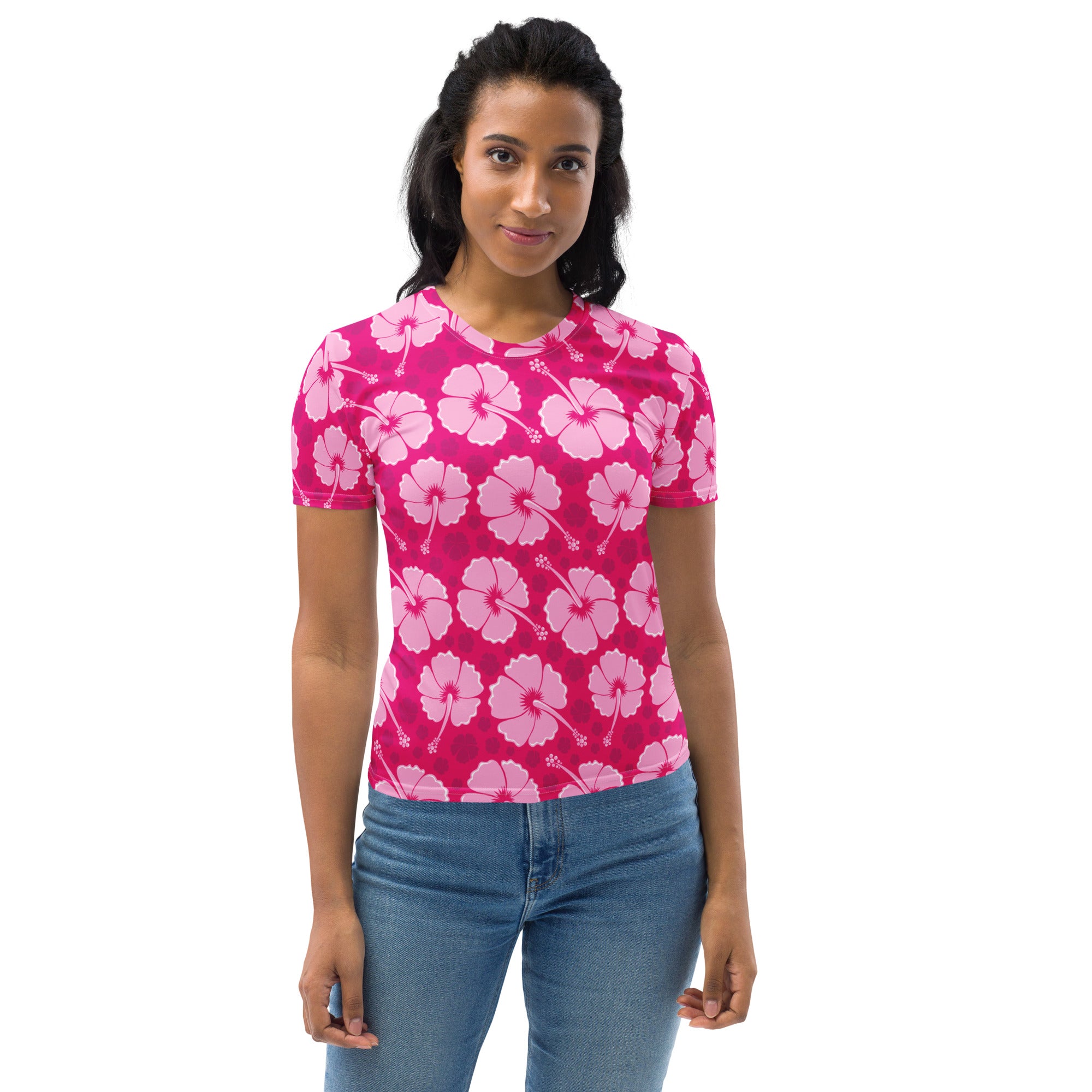 Women’s pink hibiscus floral t-shirt with light pink flower pattern made of soft stretch jersey fabric