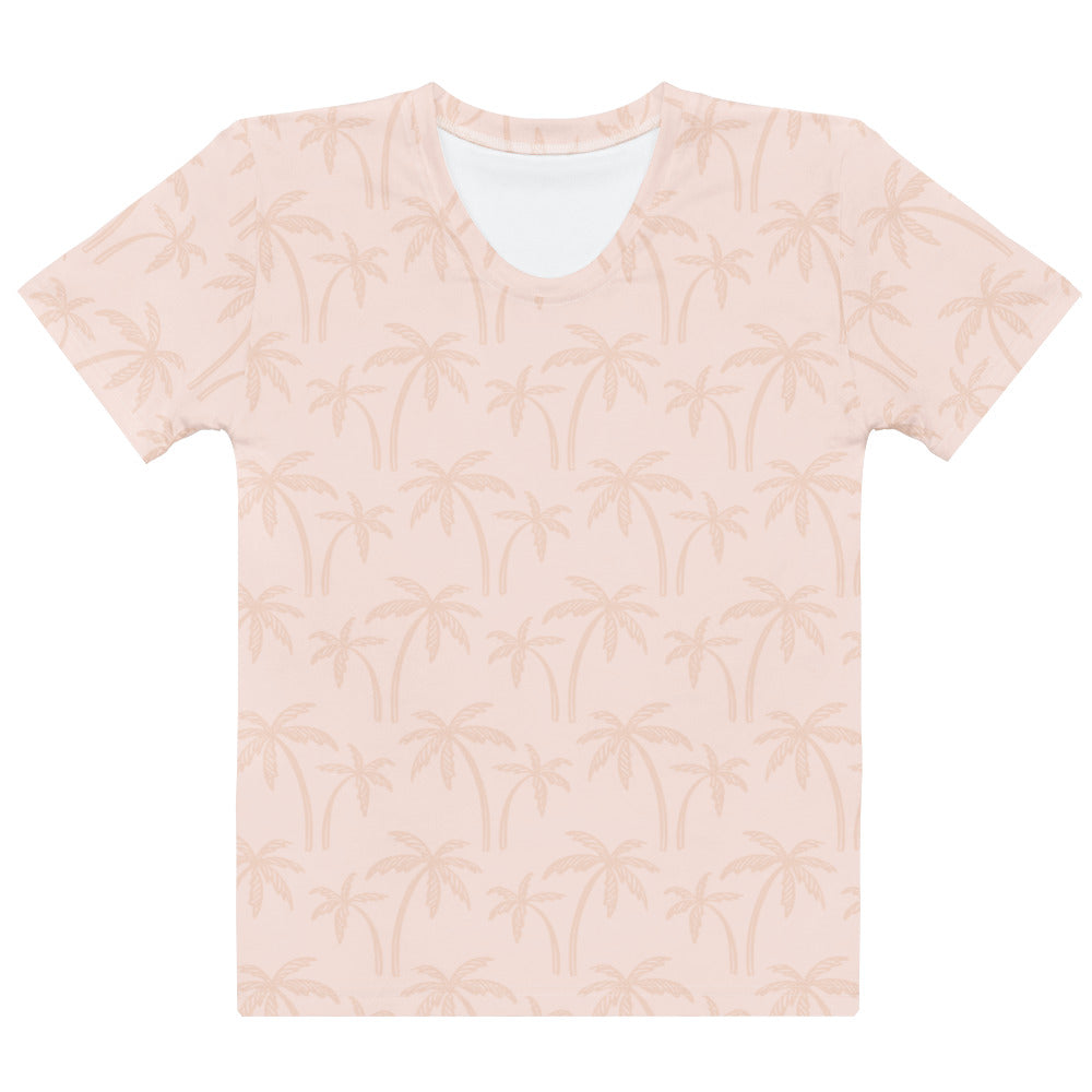 Women’s soft beige palm tree t-shirt in blush pink soft stretch jersey with subtle all-over light beige palm pattern
