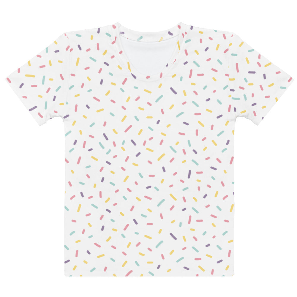 Women’s white short-sleeved t-shirt with colorful pastel sprinkles in soft stretch jersey fabric