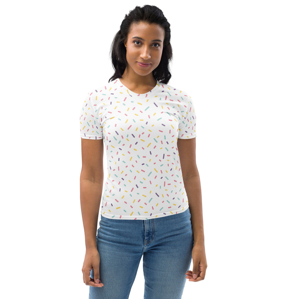 White short-sleeved women’s t-shirt with colorful sprinkles pattern made of soft stretch jersey fabric