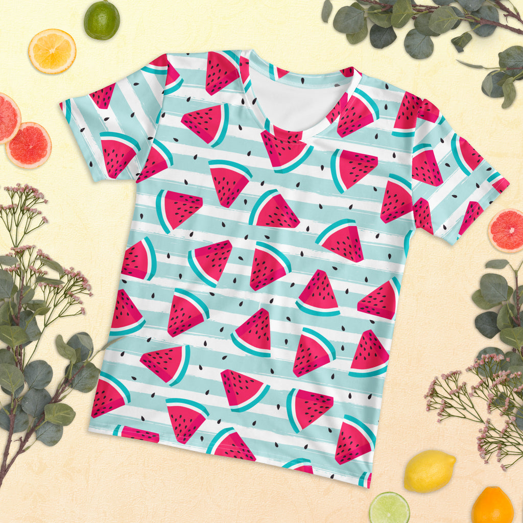 Women’s soft stretch jersey t-shirt with pink watermelon print on light blue and white striped background