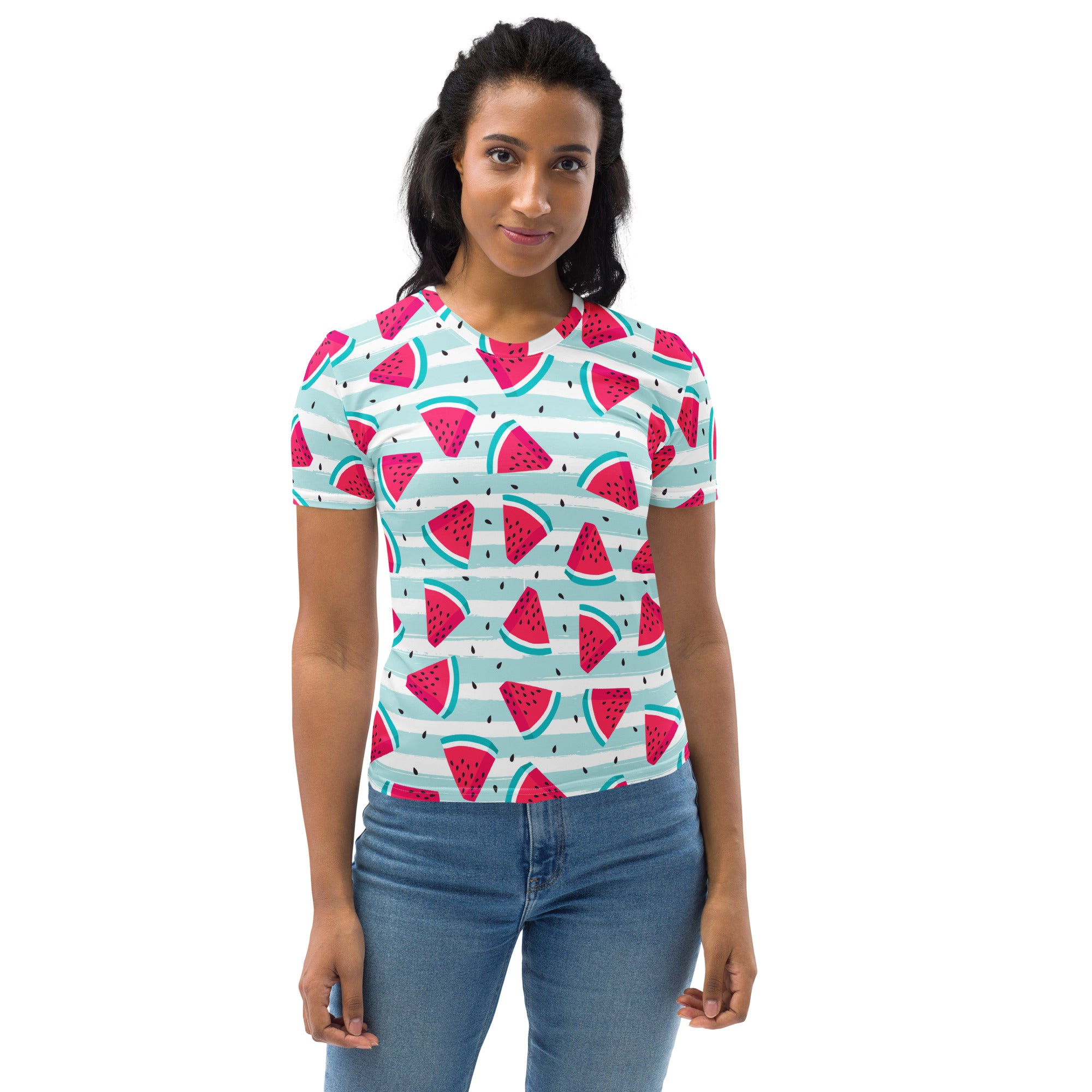 Women’s watermelon print short-sleeved t-shirt with playful red slices on light blue and white striped soft stretch jersey