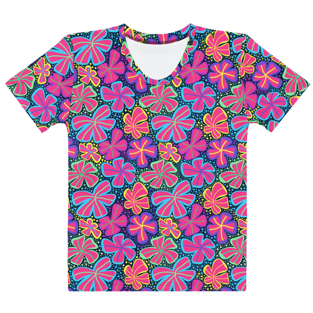 Women’s neon retro flower t-shirt with vibrant pink purple blue yellow stylized blooms on dark teal soft stretch jersey