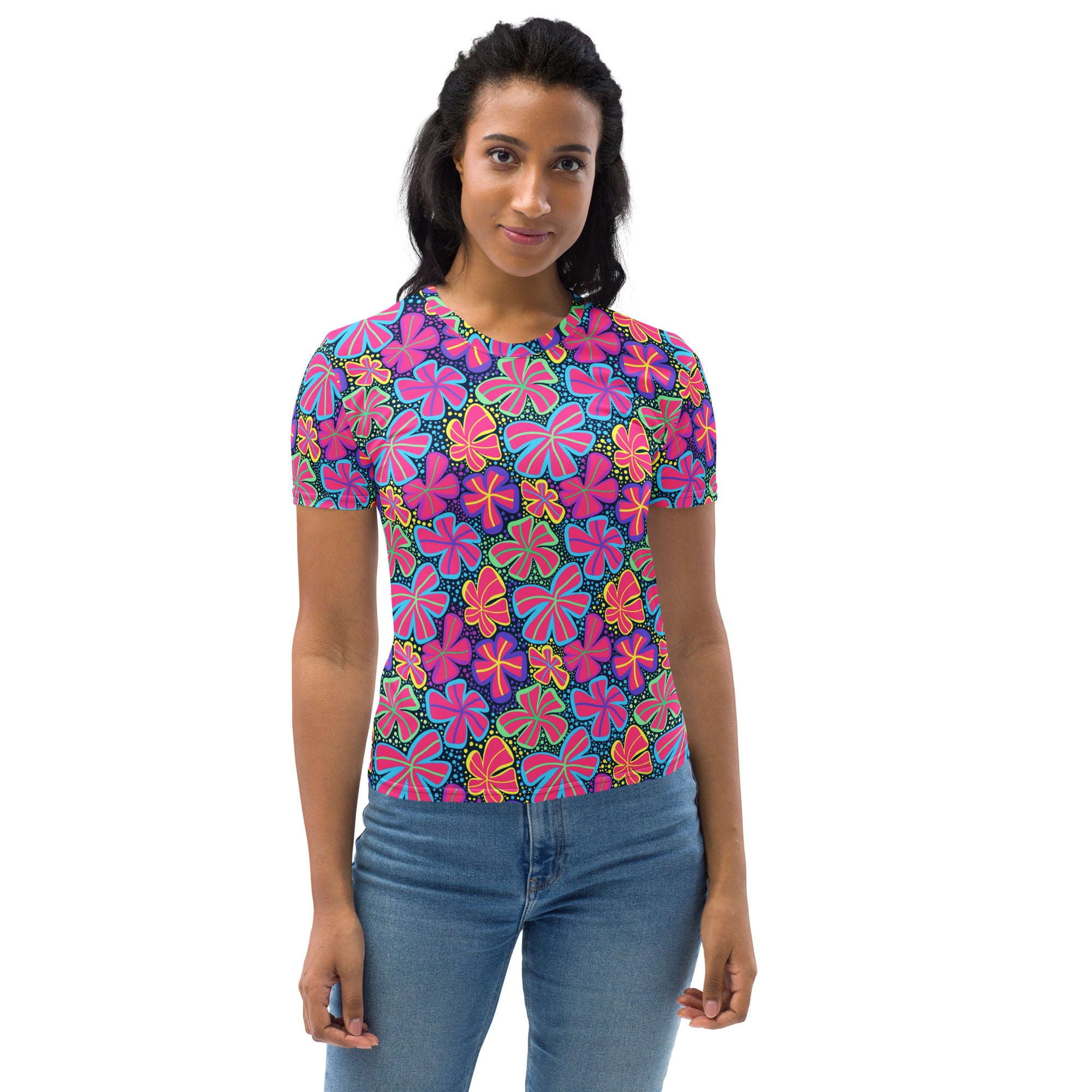 Women’s neon retro flower t-shirt with vibrant pink purple and yellow floral pattern on dark blue soft stretch jersey
