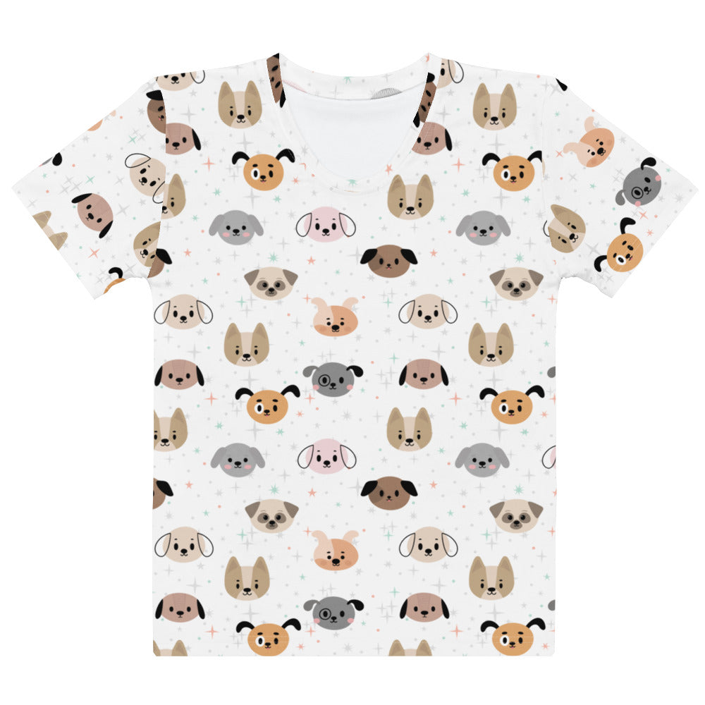 White women’s dog face t-shirt with playful all-over cartoon dog print in brown gray and beige soft stretch jersey