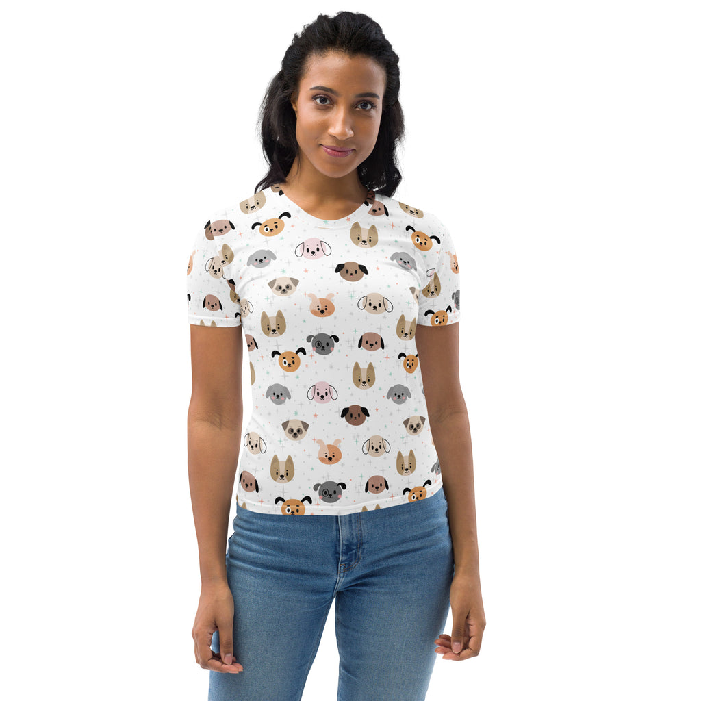 Women’s white short-sleeved dog face t-shirt with colorful cartoon dogs in soft stretch jersey fabric