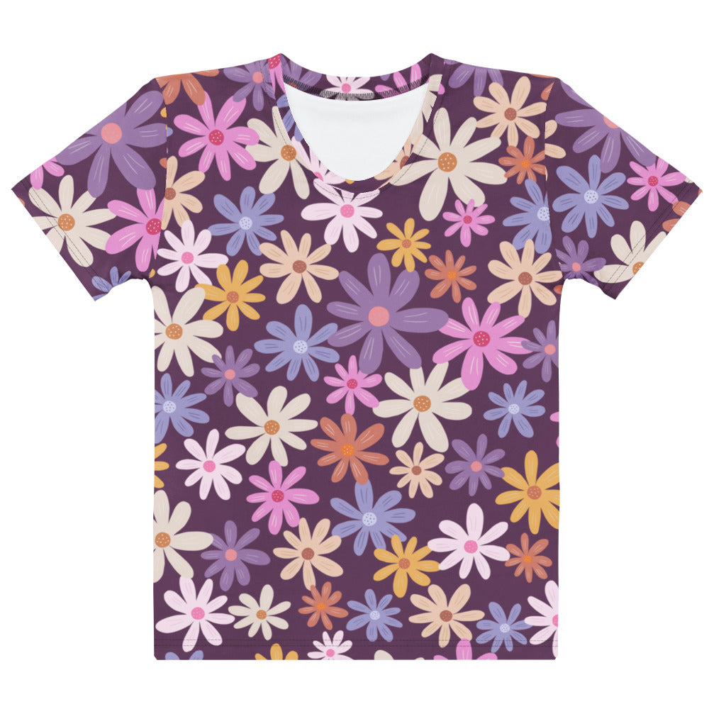 Women’s retro purple daisy t-shirt with vibrant all-over stylized daisies in soft stretch jersey fabric