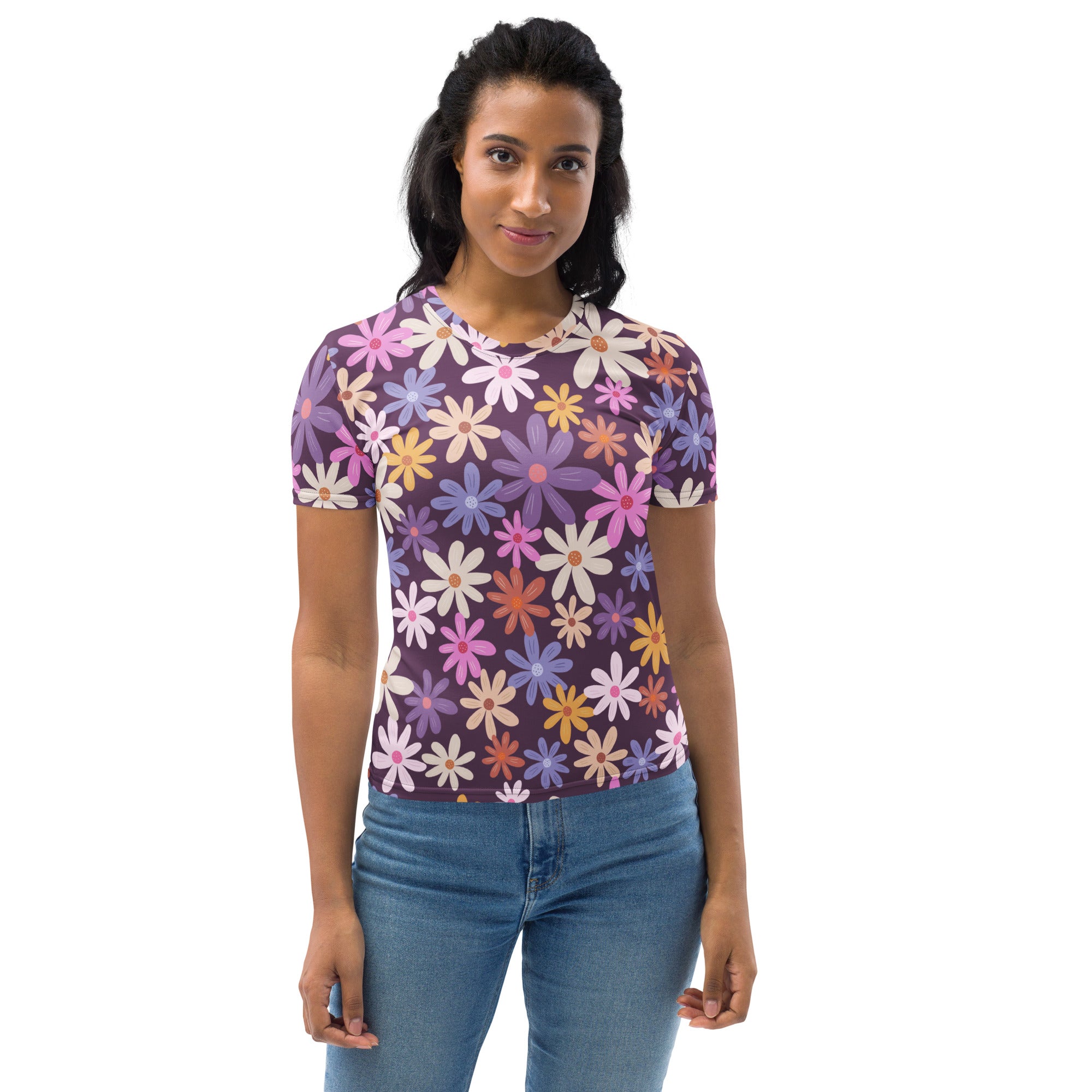 Women’s retro purple daisy t-shirt featuring a soft stretch jersey fabric with colorful all-over floral daisies pattern