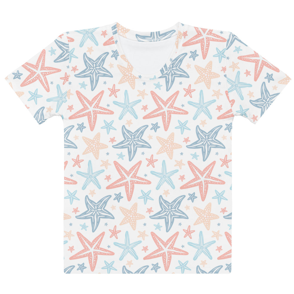 Women’s soft stretch jersey t-shirt with vibrant coral light blue and beige starfish print on white short sleeves