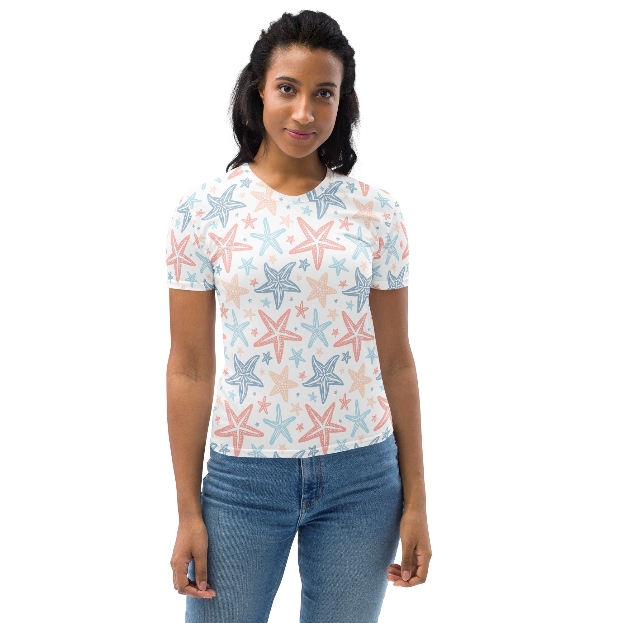 White women’s short-sleeved starfish print t-shirt in soft stretch jersey with pink blue and beige tones