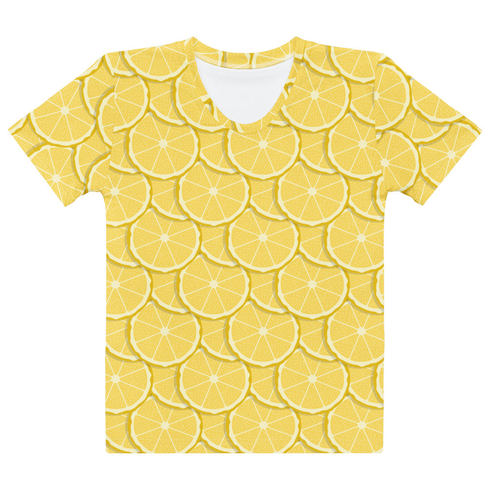 Women yellow soft stretch jersey t-shirt with vibrant full-body lemon slice print featuring white pith and flesh