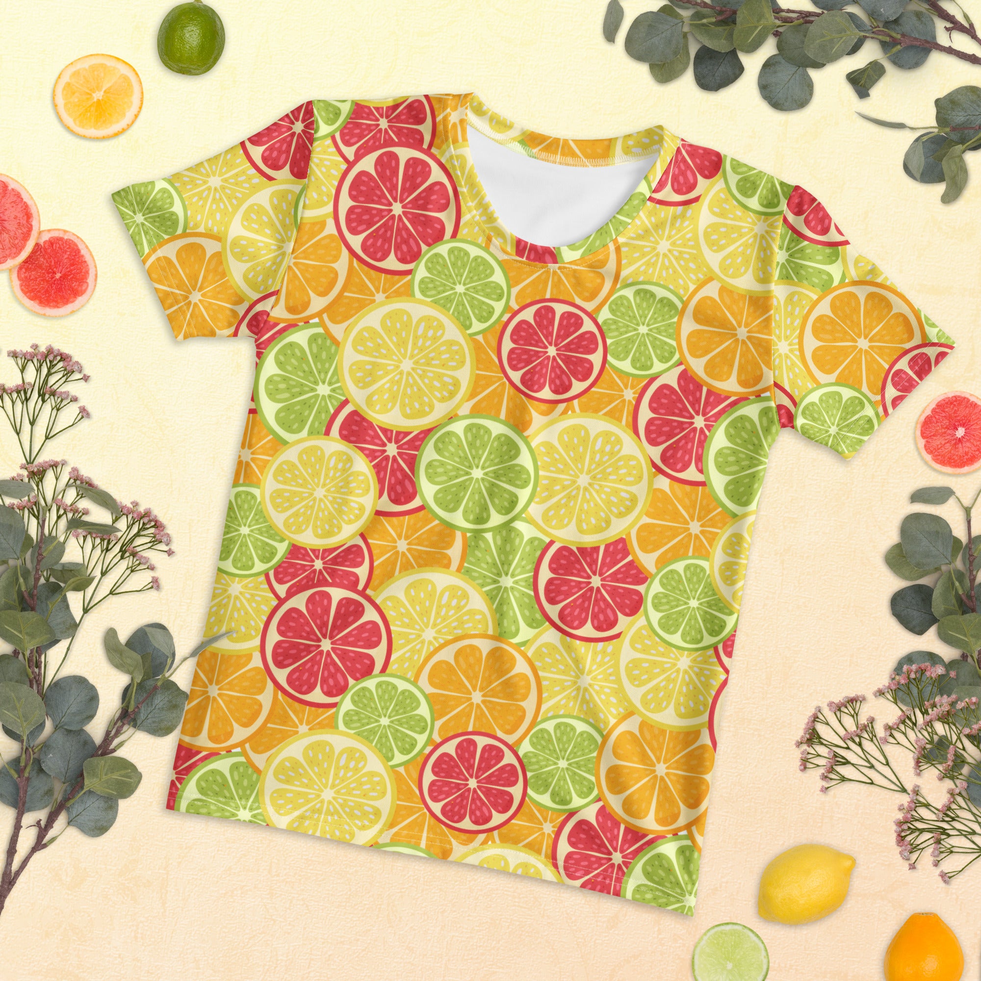 Women’s citrus fruit slice t-shirt with vibrant yellow green pink all-over citrus print soft stretch jersey tee