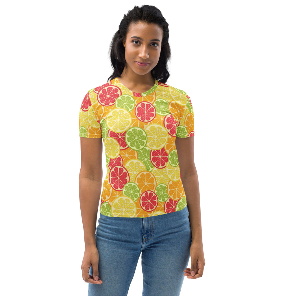 Women’s citrus fruit slice t-shirt with vibrant red green and yellow citrus pattern on soft yellow stretch jersey tee