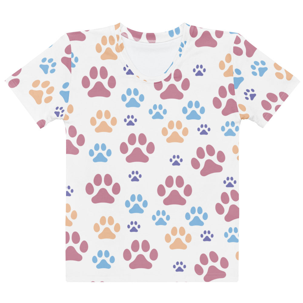 White women’s short-sleeved t-shirt with colorful pink blue and beige paw print all-over print in soft stretch jersey