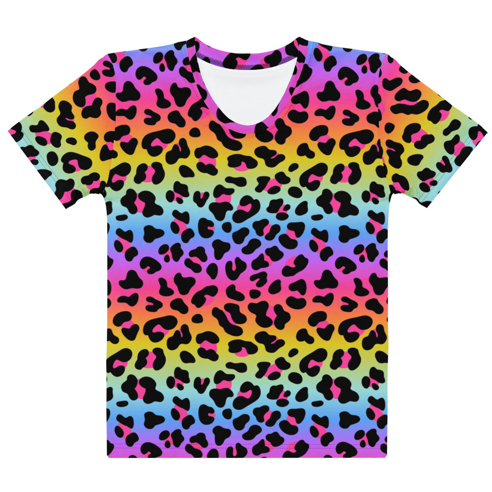 Women’s pride rainbow leopard t-shirt with v-neck short sleeves made of soft stretch jersey fabric