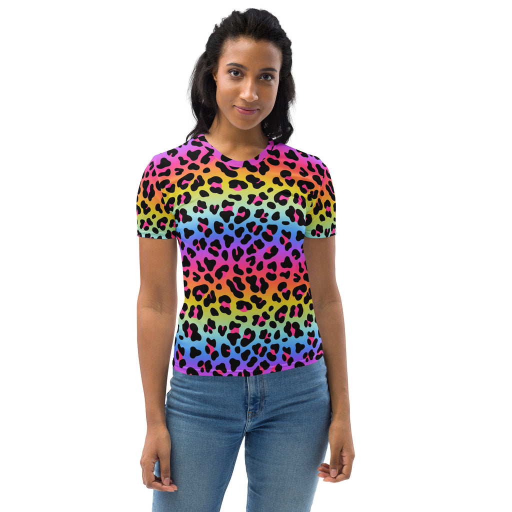 Women’s pride rainbow leopard t-shirt vibrant short-sleeve soft stretch jersey with black spots