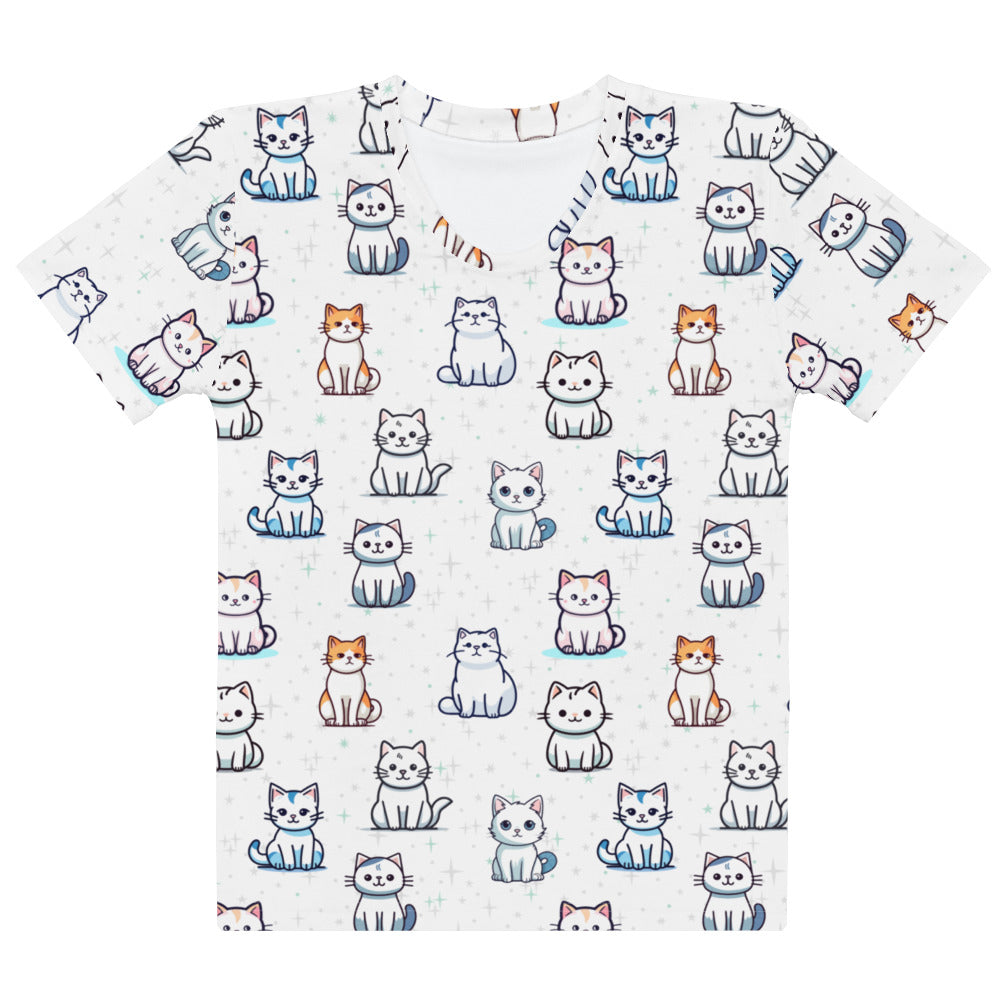 White women’s short-sleeved t-shirt with colorful cartoon cat print made of soft stretch jersey fabric